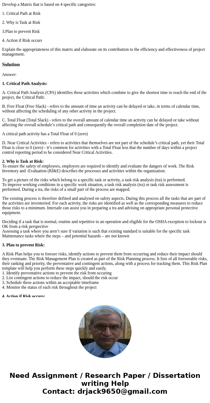 Develop a Matrix that is based on 4 specific categories: 1. Critical Path at Risk 2. Why is Task at Risk 3.Plan to prevent Risk 4. Action if Risk occurs Explain