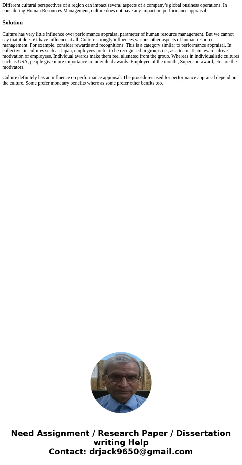 Different cultural perspectives of a region can impact several aspects of a company’s global business operations. In considering Human Resources Management, cul