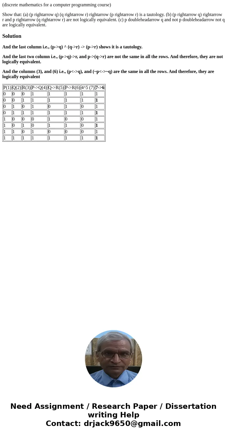 (discrete mathematics for a computer programming course) Show that: (a) (p rightarrow q) (q rightarrow r) rightarrow (p rightarrow r) is a tautology. (b) (p rig (discrete mathematics for a computer programming course) Show that: (a) (p rightarrow q) (q rightarrow r) rightarrow (p rightarrow r) is a tautology. (b) (p rig