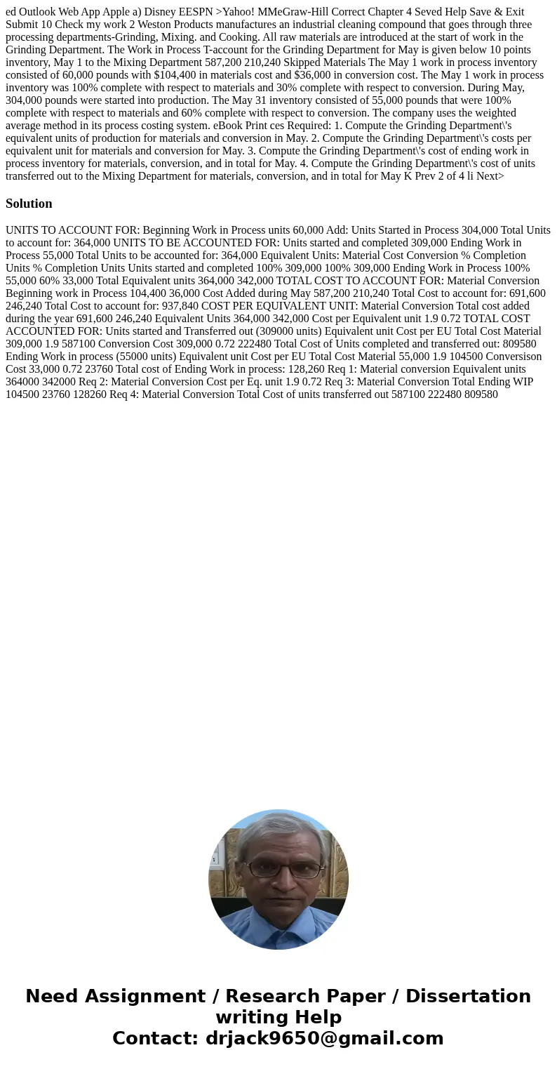 ed Outlook Web App Apple a) Disney EESPN >Yahoo! MMeGraw-Hill Correct Chapter 4 Seved Help Save & Exit Submit 10 Check my work 2 Weston Products manufac