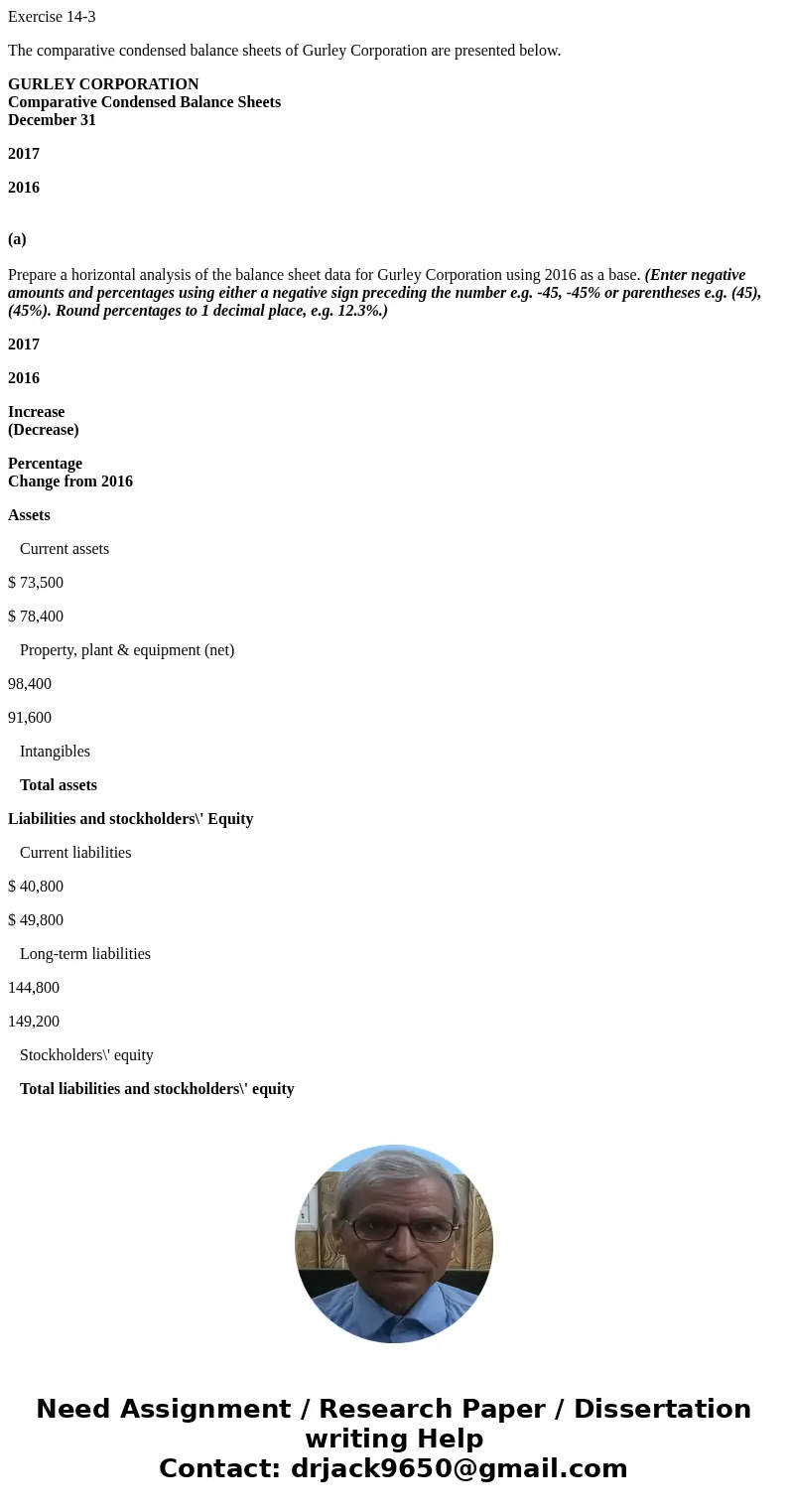 Exercise 14-3 The comparative condensed balance sheets of Gurley Corporation are presented below. GURLEY CORPORATION Comparative Condensed Balance Sheets Decemb