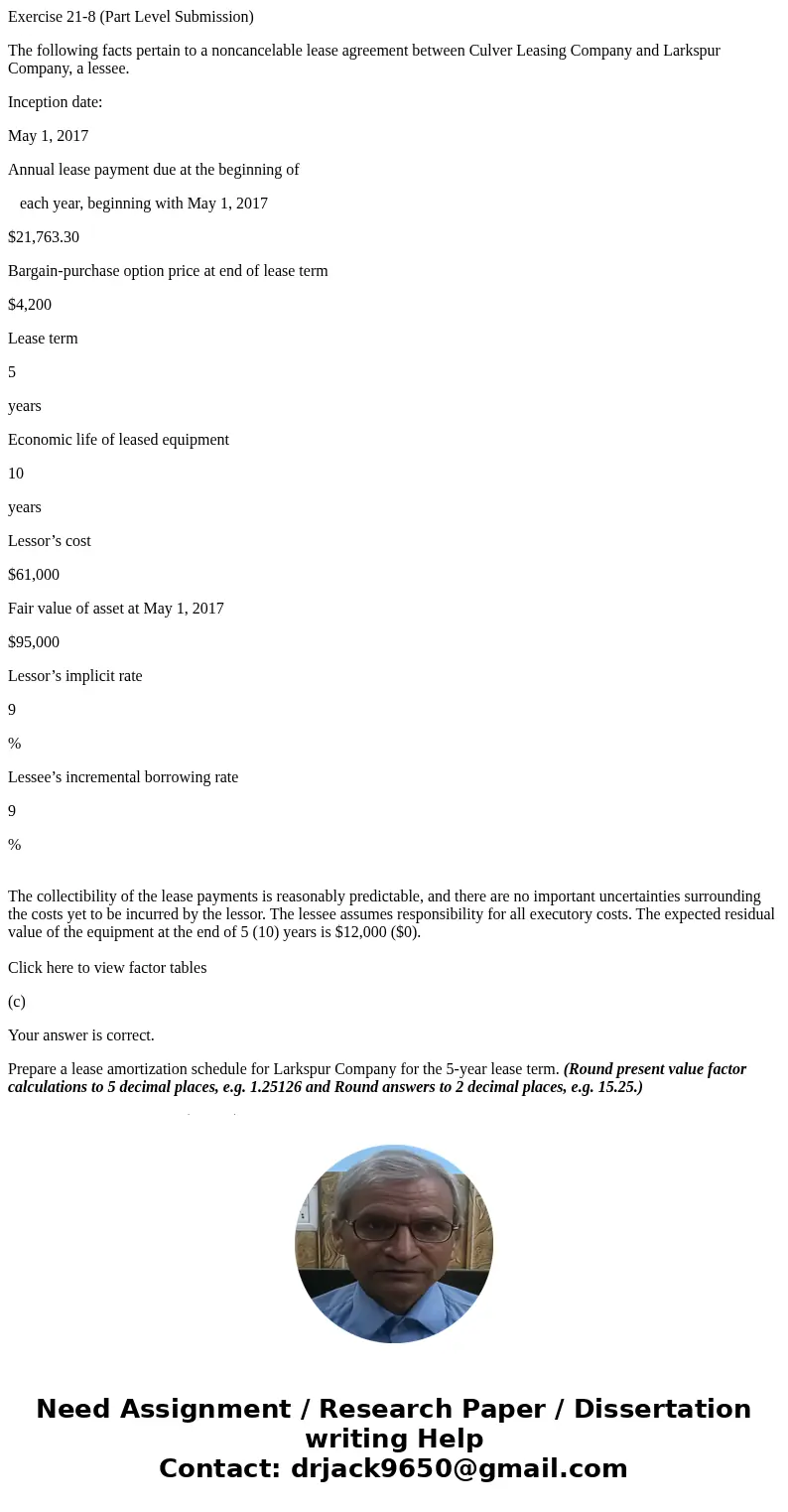 Exercise 21-8 (Part Level Submission) The following facts pertain to a noncancelable lease agreement between Culver Leasing Company and Larkspur Company, a less