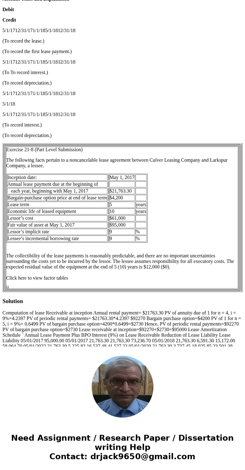Exercise 21-8 (Part Level Submission) The following facts pertain to a noncancelable lease agreement between Culver Leasing Company and Larkspur Company, a less