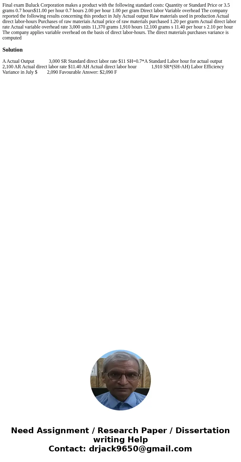  Final exam Buluck Corporation makes a product with the following standard costs: Quantity or Standard Price or 3.5 grams 0.7 hours$11.00 per hour 0.7 hours 2.0