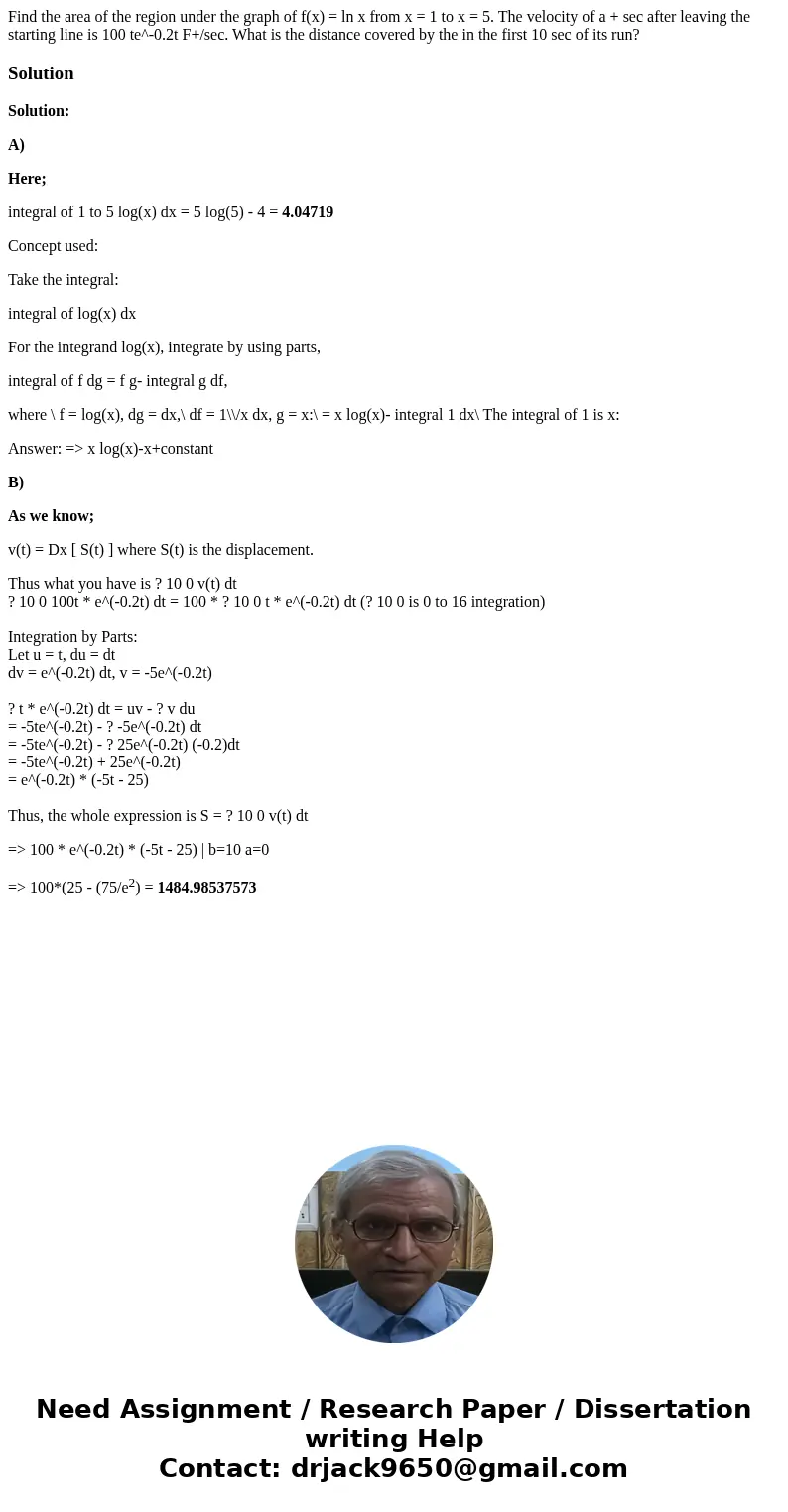 Find the area of the region under the graph of f(x) = ln x from x = 1 to x = 5. The velocity of a + sec after leaving the starting line is 100 te^-0.2t F+/sec.  Find the area of the region under the graph of f(x) = ln x from x = 1 to x = 5. The velocity of a + sec after leaving the starting line is 100 te^-0.2t F+/sec.