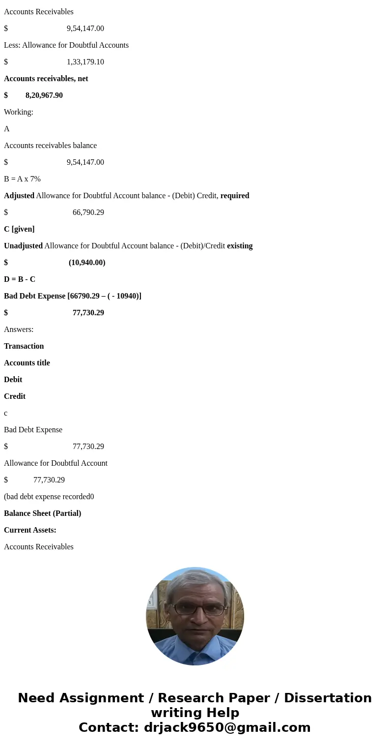  for doubtful 10,940 debit tobe 4% of credit sales SolutionAnswers Working; A Total Credit Sale $ 31,49,000.00 B = A x 4% Bad Debt expense at 4% $ 1,25,960.00 C