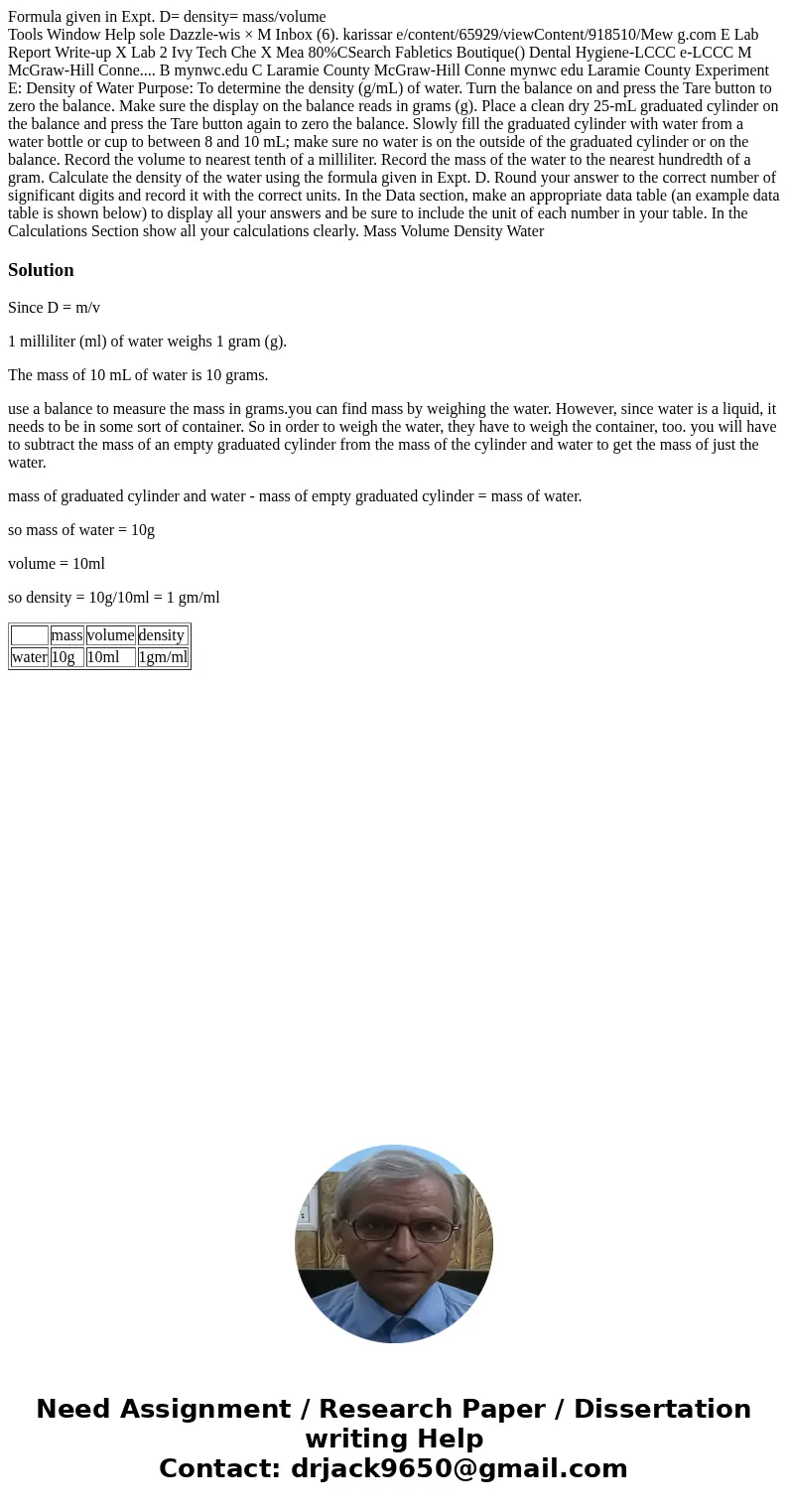 Formula given in Expt. D= density= mass/volume Tools Window Help sole Dazzle-wis × M Inbox (6). karissar e/content/65929/viewContent/918510/Mew g.com E Lab Repo
