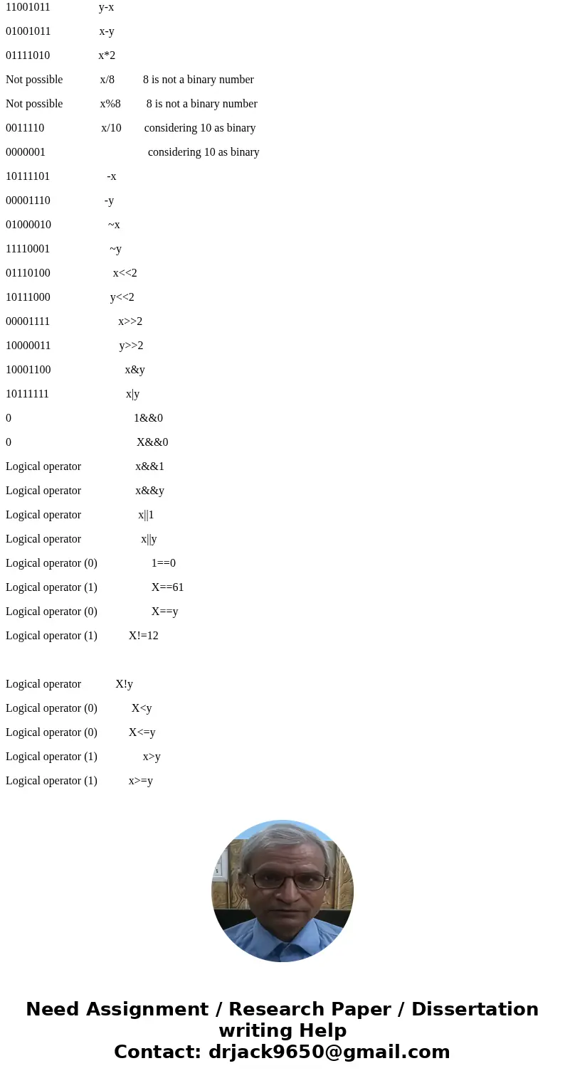  Given the following x = 0b001 11101 y = 10001110;//assumed signed values perform each operation and give the 8-bit binary result to the left of each problem. T