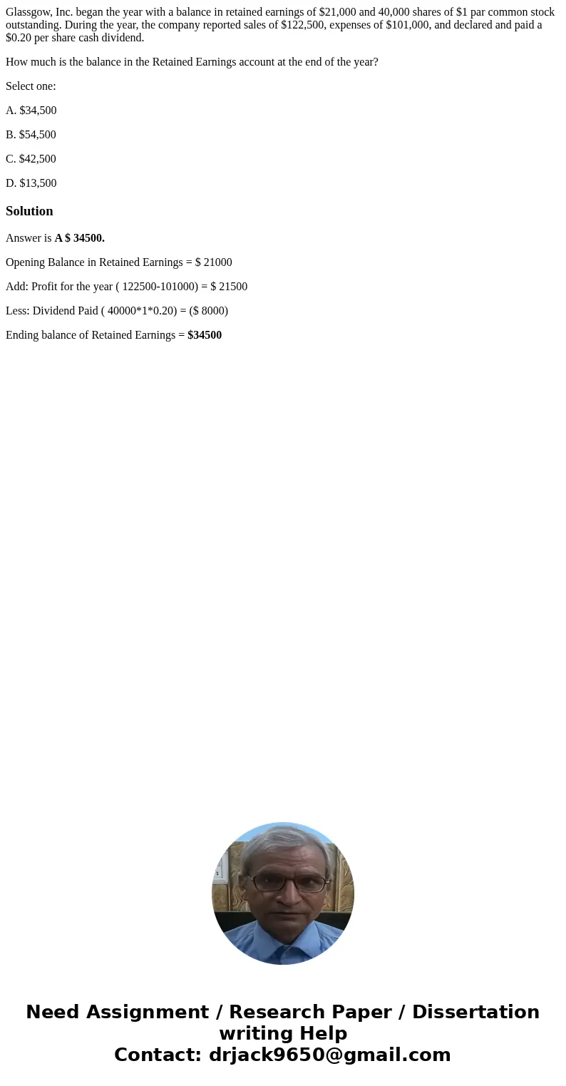 Glassgow, Inc. began the year with a balance in retained earnings of $21,000 and 40,000 shares of $1 par common stock outstanding. During the year, the company  Glassgow, Inc. began the year with a balance in retained earnings of $21,000 and 40,000 shares of $1 par common stock outstanding. During the year, the company