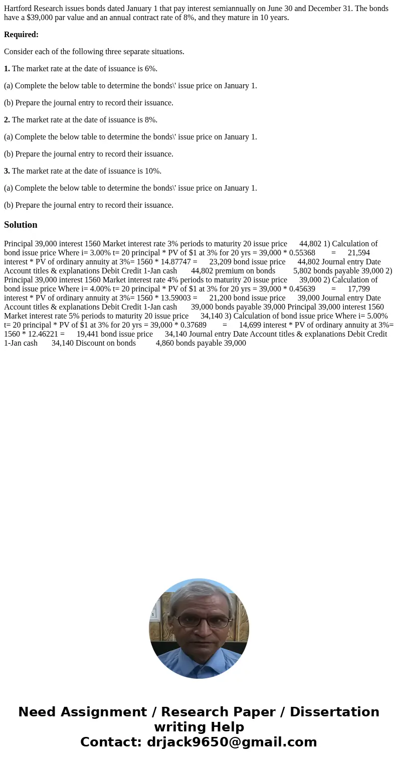 Hartford Research issues bonds dated January 1 that pay interest semiannually on June 30 and December 31. The bonds have a $39,000 par value and an annual contr