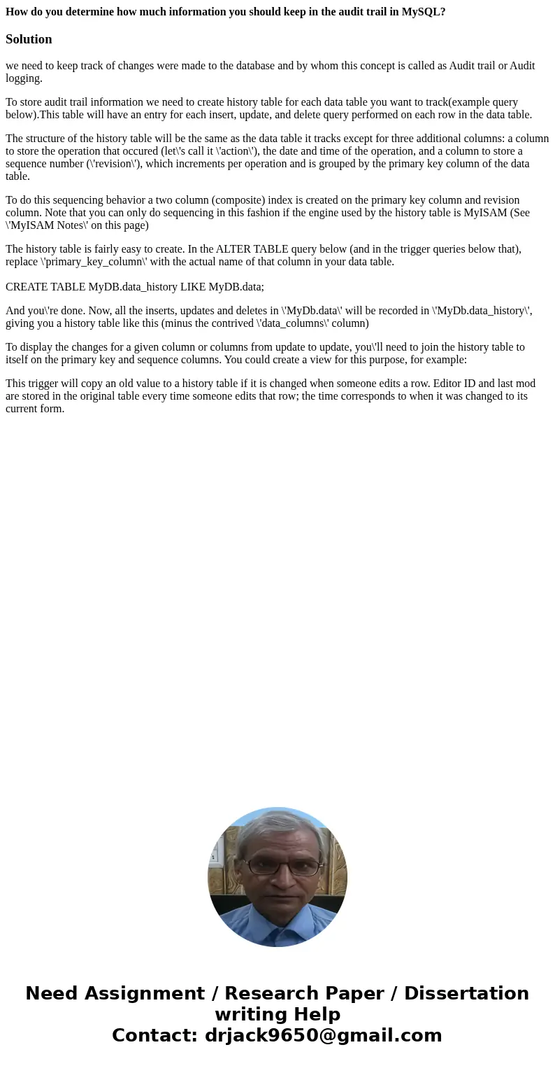 How do you determine how much information you should keep in the audit trail in MySQL?Solutionwe need to keep track of changes were made to the database and by  How do you determine how much information you should keep in the audit trail in MySQL?Solutionwe need to keep track of changes were made to the database and by