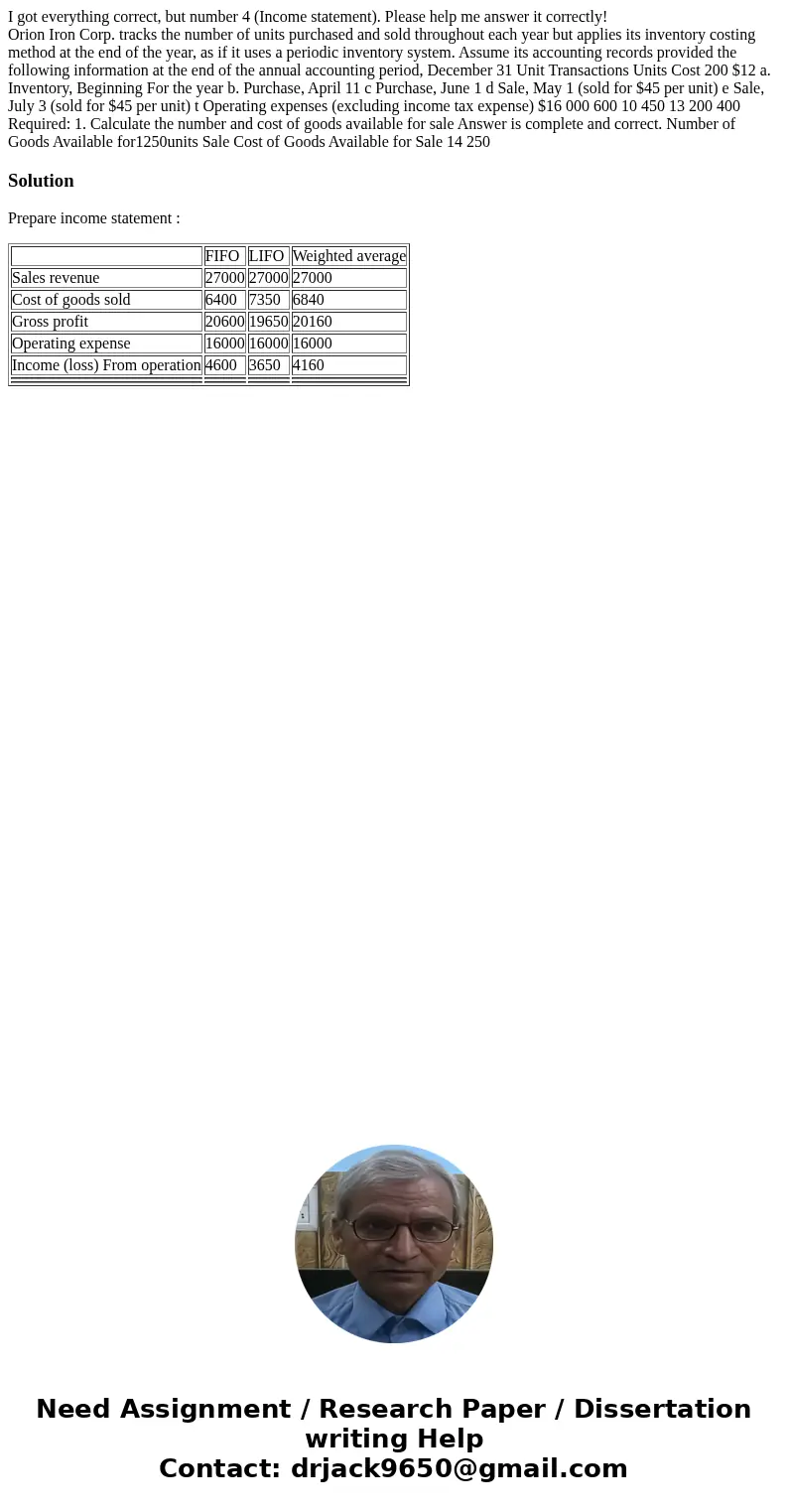 I got everything correct, but number 4 (Income statement). Please help me answer it correctly! Orion Iron Corp. tracks the number of units purchased and sold th