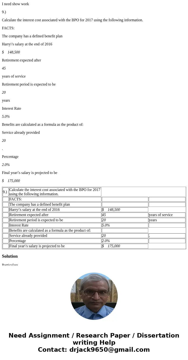 I need show work 9.) Calculate the interest cost associated with the BPO for 2017 using the following information. FACTS: The company has a defined benefit plan