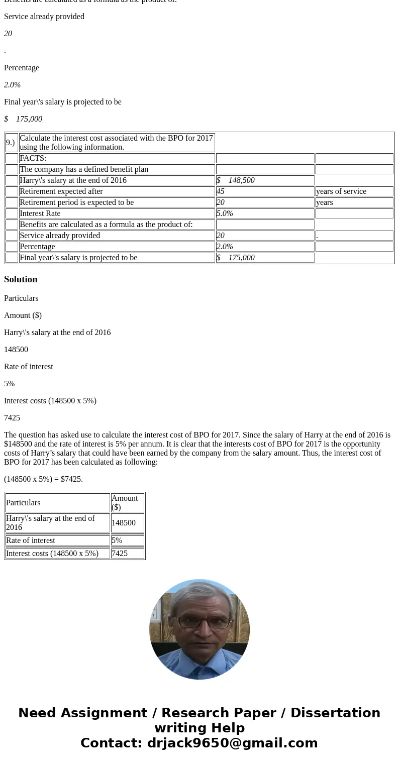 I need show work 9.) Calculate the interest cost associated with the BPO for 2017 using the following information. FACTS: The company has a defined benefit plan