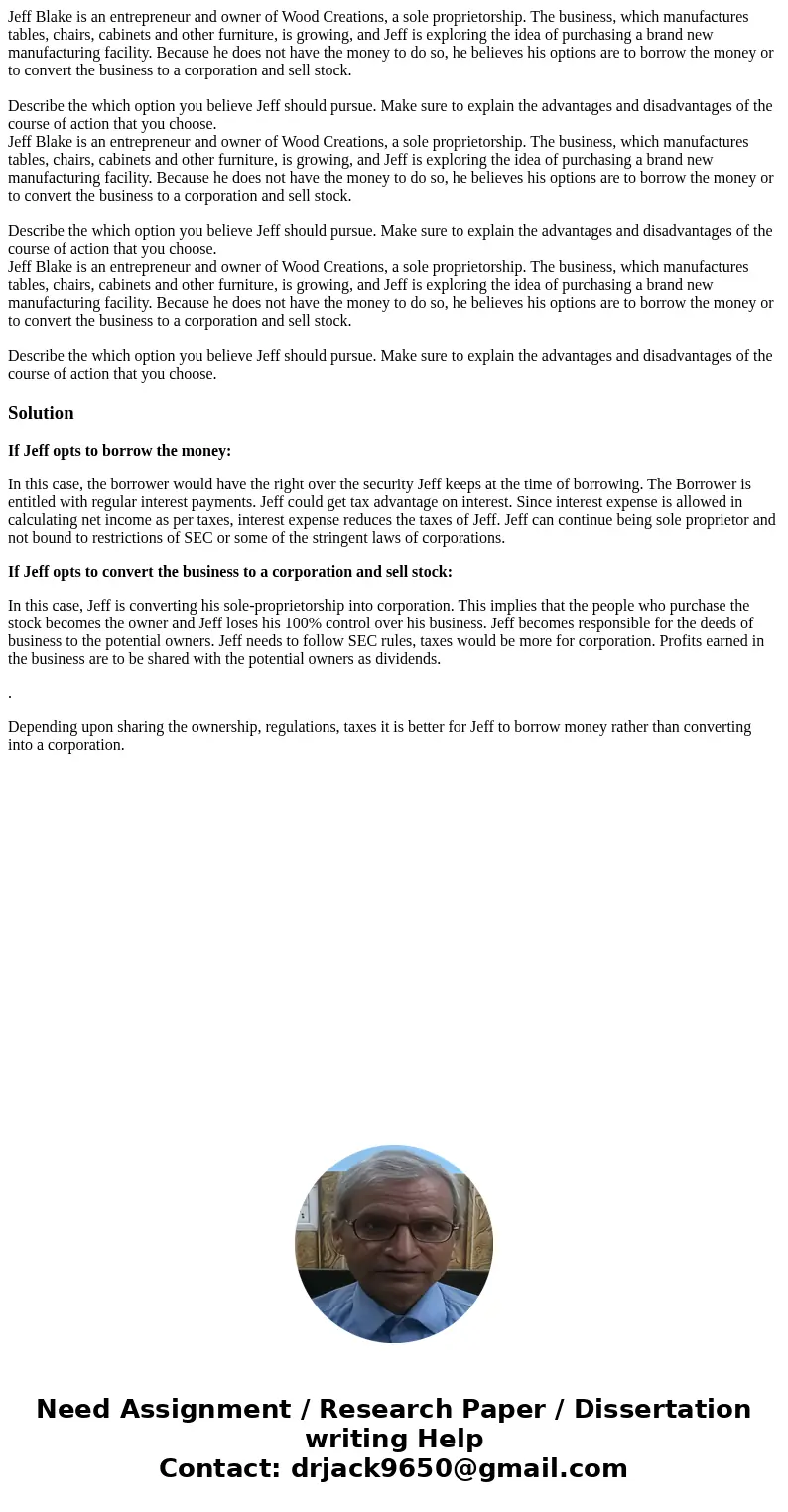  Jeff Blake is an entrepreneur and owner of Wood Creations, a sole proprietorship. The business, which manufactures tables, chairs, cabinets and other furniture