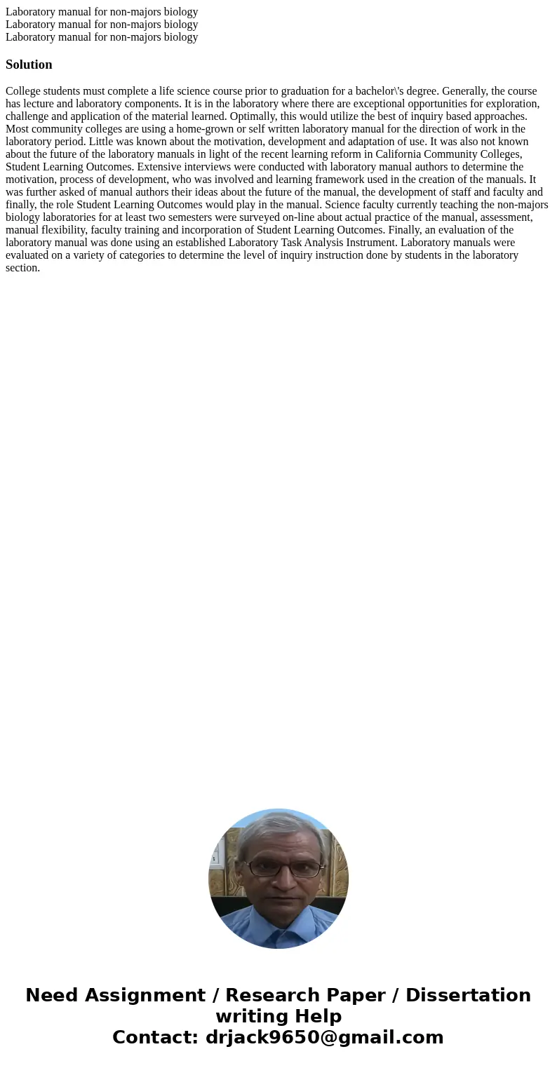  Laboratory manual for non-majors biology Laboratory manual for non-majors biology Laboratory manual for non-majors biologySolutionCollege students must complet
