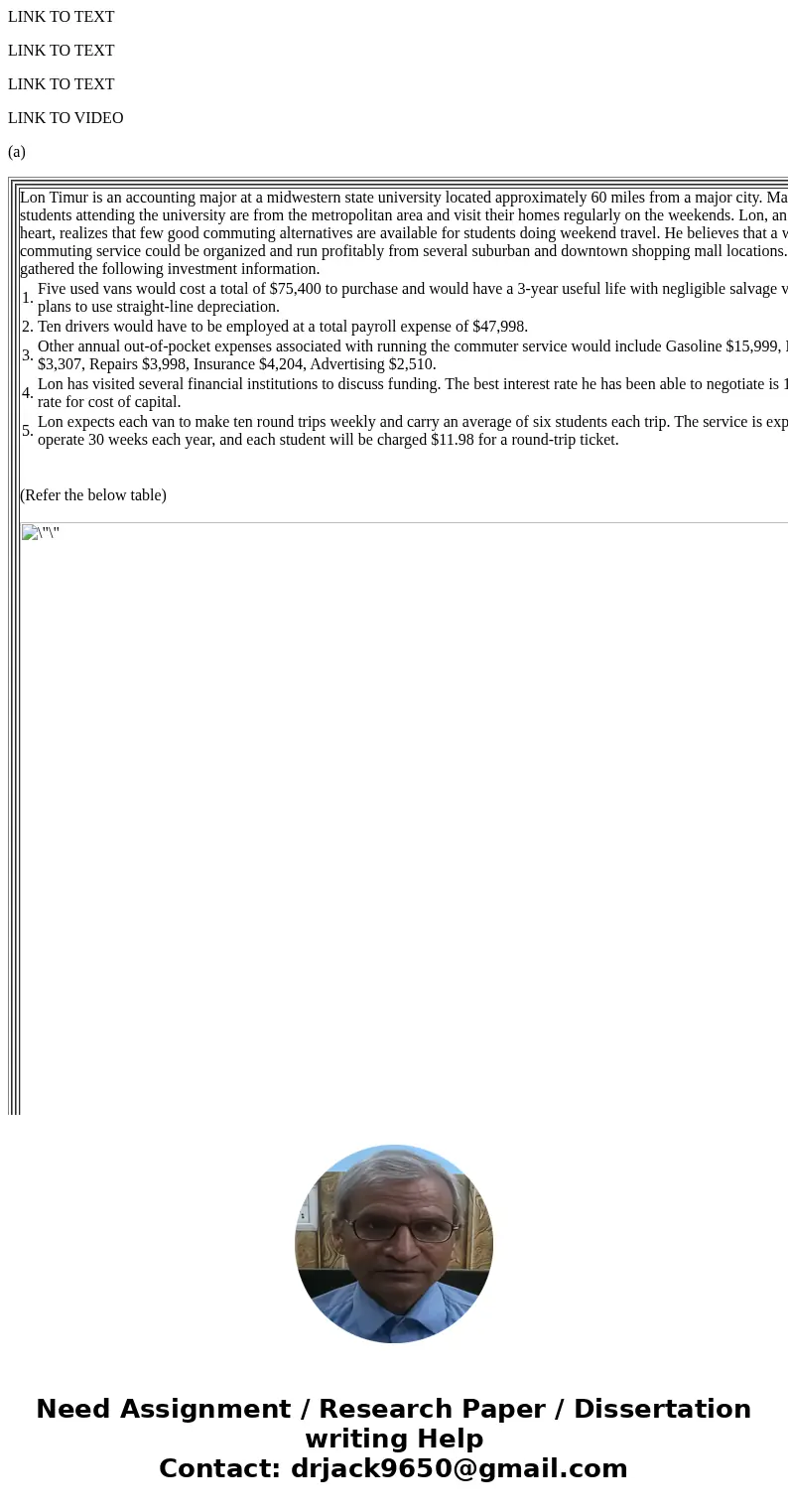 LINK TO TEXT LINK TO TEXT LINK TO TEXT LINK TO VIDEO (a) Lon Timur is an accounting major at a midwestern state university located approximately 60 miles from a