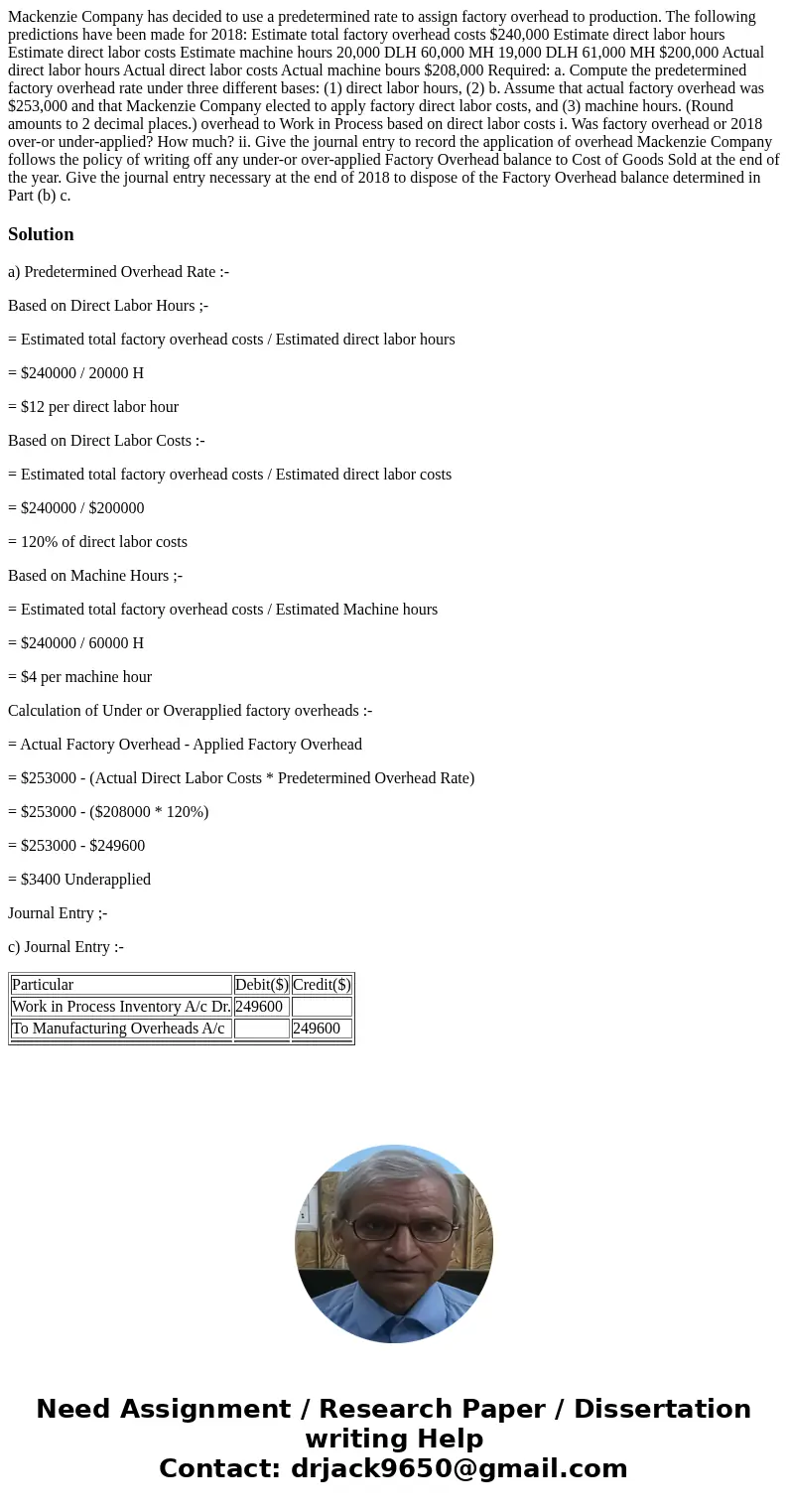  Mackenzie Company has decided to use a predetermined rate to assign factory overhead to production. The following predictions have been made for 2018: Estimate