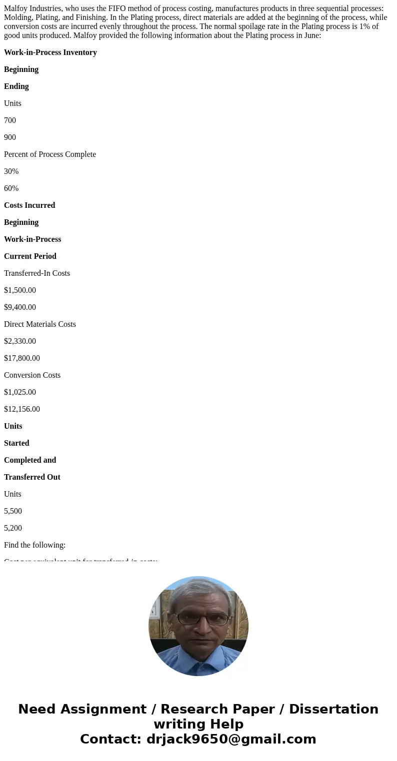 Malfoy Industries, who uses the FIFO method of process costing, manufactures products in three sequential processes: Molding, Plating, and Finishing. In the Pla Malfoy Industries, who uses the FIFO method of process costing, manufactures products in three sequential processes: Molding, Plating, and Finishing. In the Pla