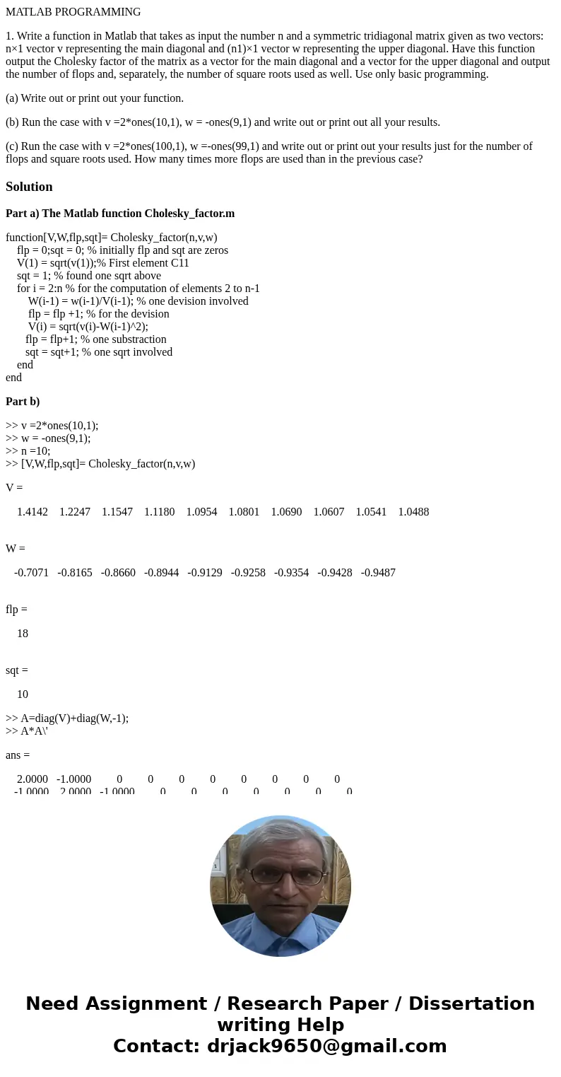 MATLAB PROGRAMMING 1. Write a function in Matlab that takes as input the number n and a symmetric tridiagonal matrix given as two vectors: n×1 vector v represen MATLAB PROGRAMMING 1. Write a function in Matlab that takes as input the number n and a symmetric tridiagonal matrix given as two vectors: n×1 vector v represen