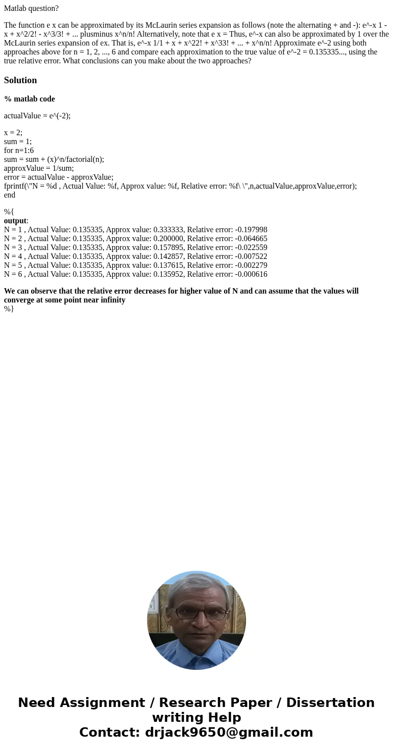 Matlab question? The function e x can be approximated by its McLaurin series expansion as follows (note the alternating + and -): e^-x 1 - x + x^2/2! - x^3/3! + Matlab question? The function e x can be approximated by its McLaurin series expansion as follows (note the alternating + and -): e^-x 1 - x + x^2/2! - x^3/3! +