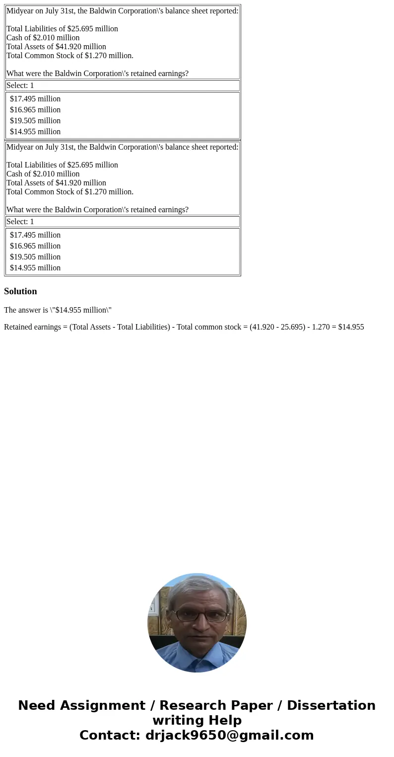  Midyear on July 31st, the Baldwin Corporation\'s balance sheet reported: Total Liabilities of $25.695 million Cash of $2.010 million Total Assets of $41.920 mi