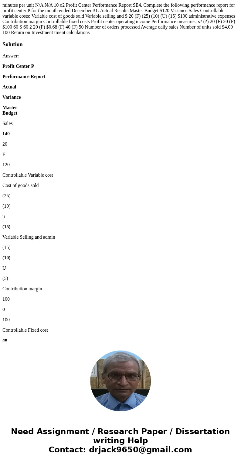  minutes per unit N/A N/A 10 o2 Profit Center Performance Report SE4. Complete the following performance report for profit center P for the month ended December