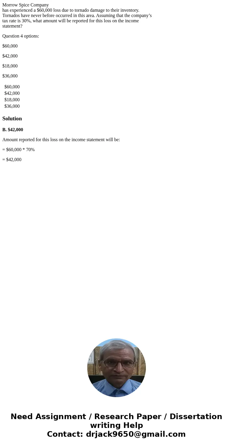 Morrow Spice Company has experienced a $60,000 loss due to tornado damage to their inventory. Tornados have never before occurred in this area. Assuming that th