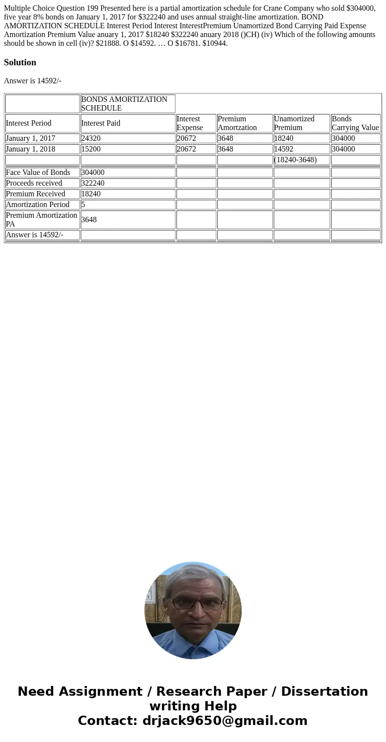  Multiple Choice Question 199 Presented here is a partial amortization schedule for Crane Company who sold $304000, five year 8% bonds on January 1, 2017 for $3