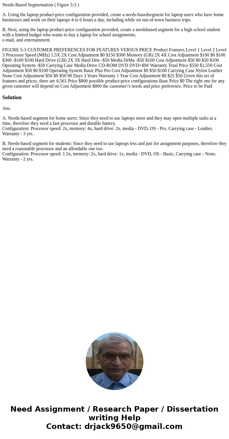 Needs-Based Segmentation ( Figure 5-3 ) A. Using the laptop product-price configuration provided, create a needs-basedsegment for laptop users who have home bus