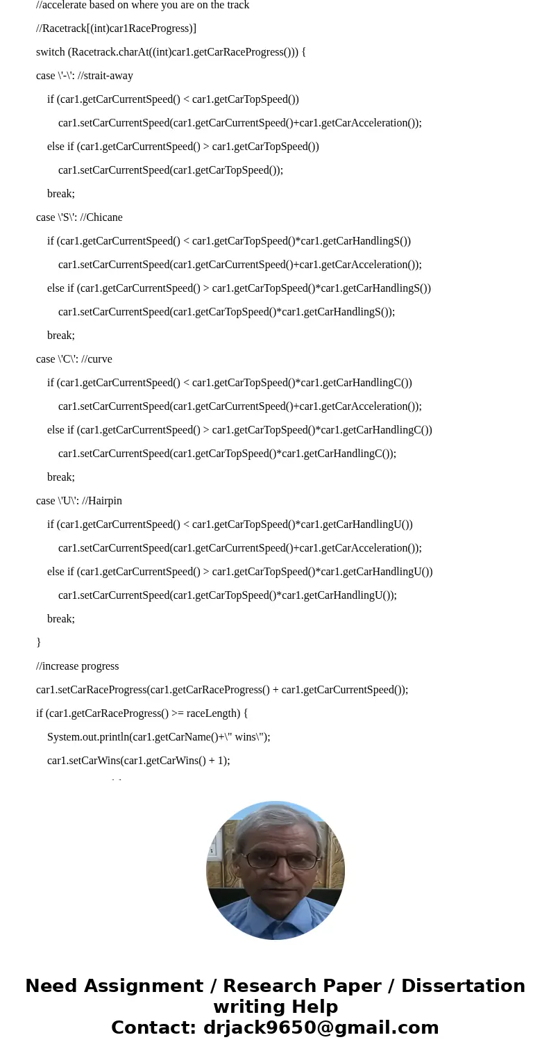 Objective 1: You are to take the given code which shows 1 car running a race. Your job will be to add 3 more cars with varying stats which should participate in