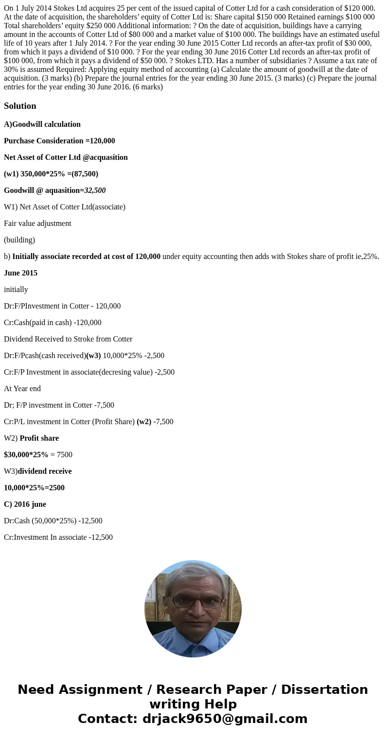 On 1 July 2014 Stokes Ltd acquires 25 per cent of the issued capital of Cotter Ltd for a cash consideration of $120 000. At the date of acquisition, the shareho