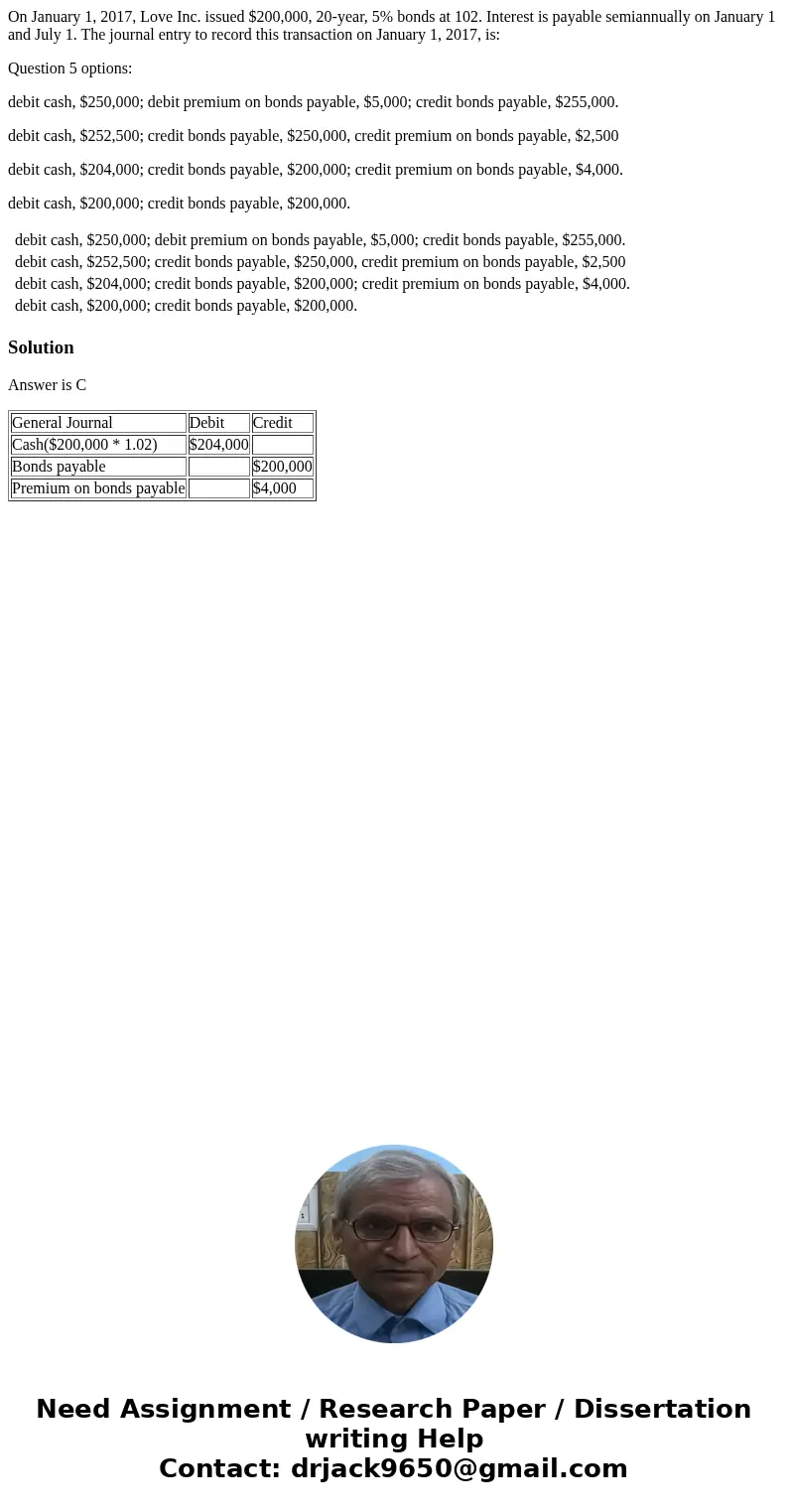 On January 1, 2017, Love Inc. issued $200,000, 20-year, 5% bonds at 102. Interest is payable semiannually on January 1 and July 1. The journal entry to record t