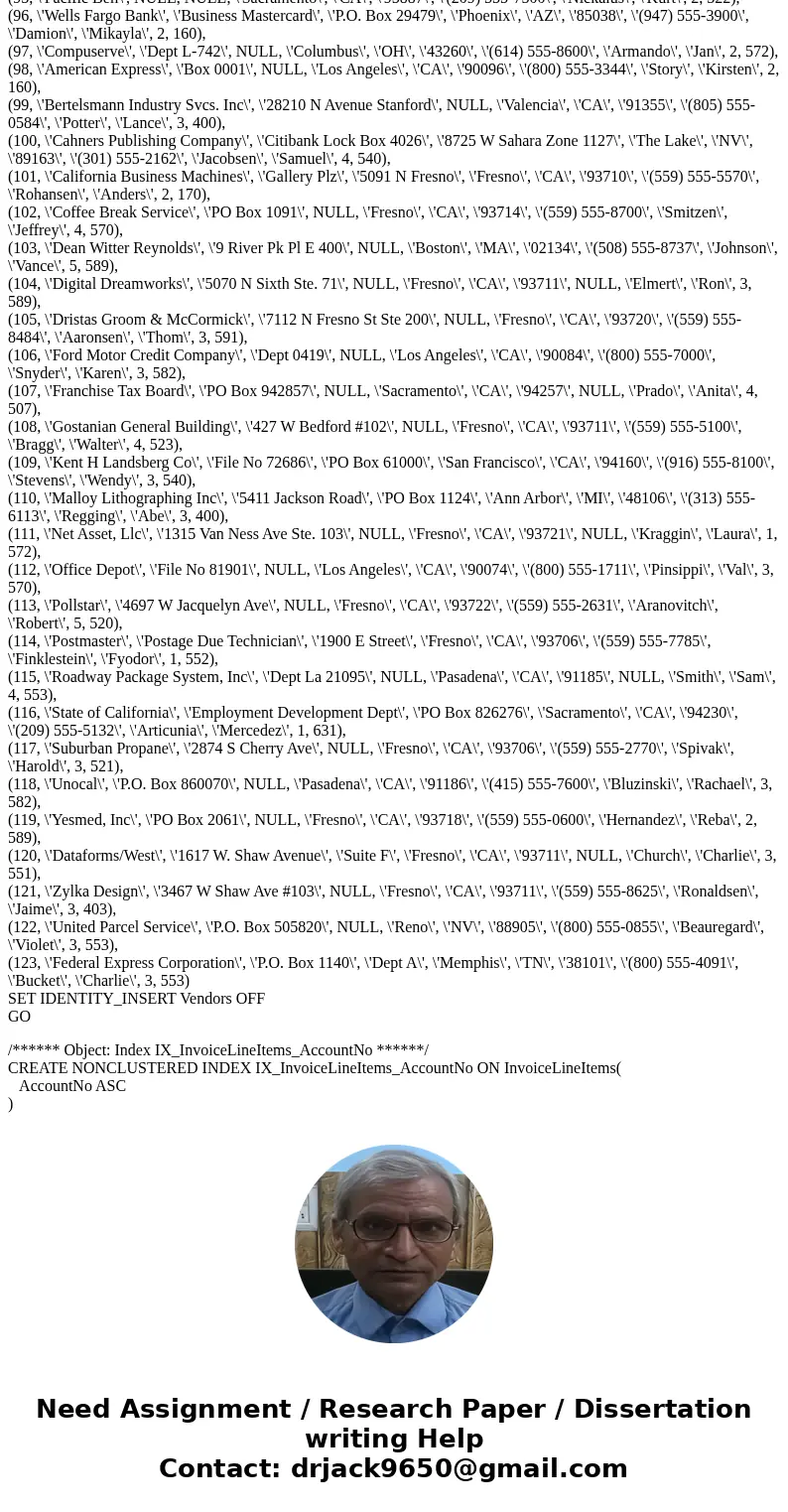 On Microsft SQL server management studio CIS 336 Week 5 Lab 1. (For the following exercise, use the Week 5 DB Design Excel file. Place the completed file in the