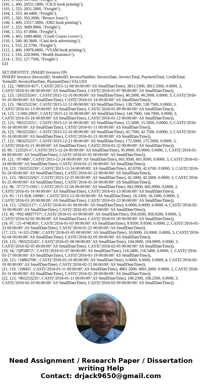 On Microsft SQL server management studio CIS 336 Week 5 Lab 1. (For the following exercise, use the Week 5 DB Design Excel file. Place the completed file in the
