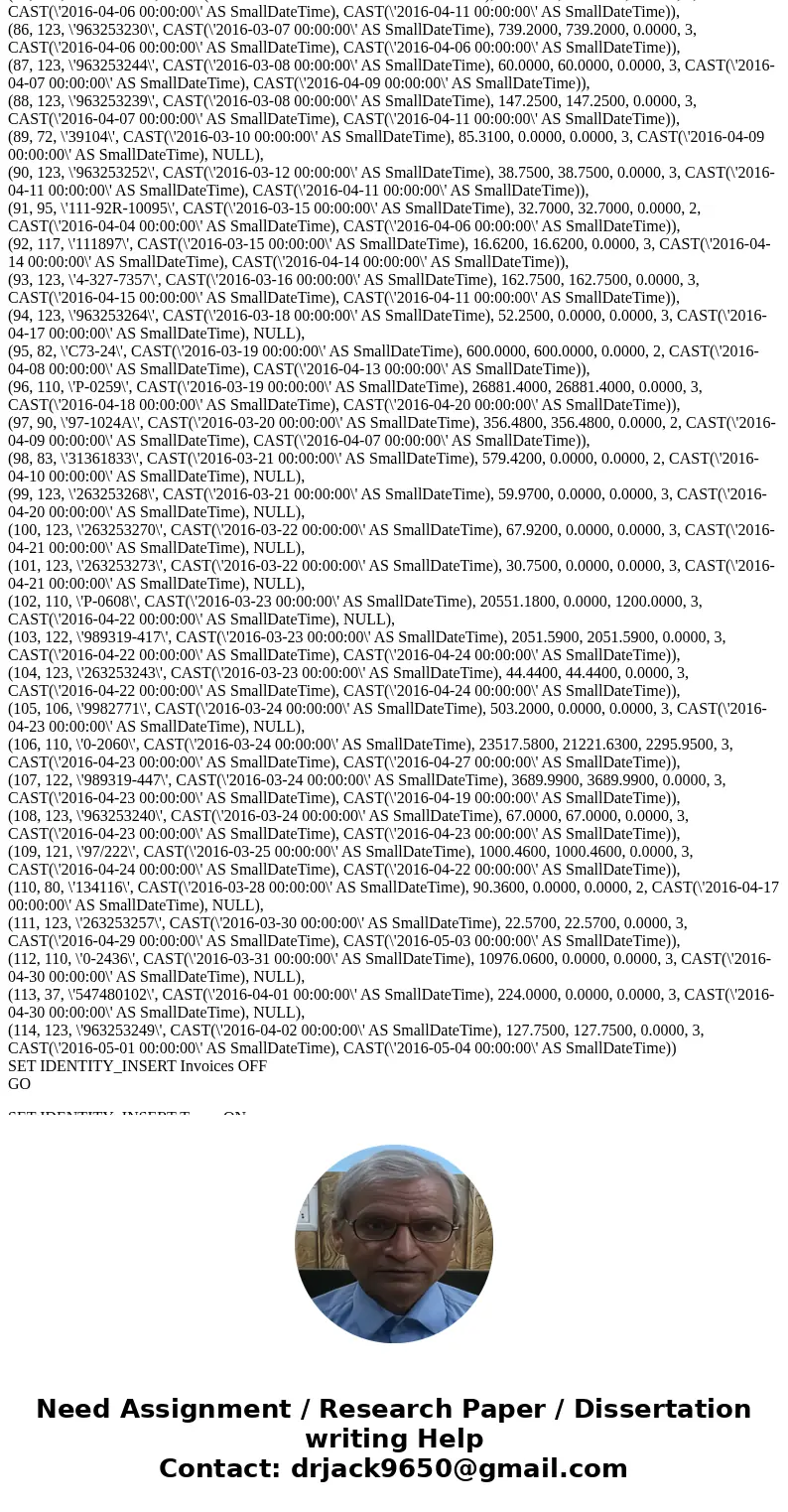 On Microsft SQL server management studio CIS 336 Week 5 Lab 1. (For the following exercise, use the Week 5 DB Design Excel file. Place the completed file in the