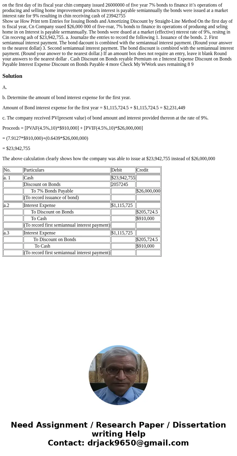 on the first day of its fiscal year chin company issued 26000000 of five year 7% bonds to finance it\'s operations of producing and selling home improvement pro