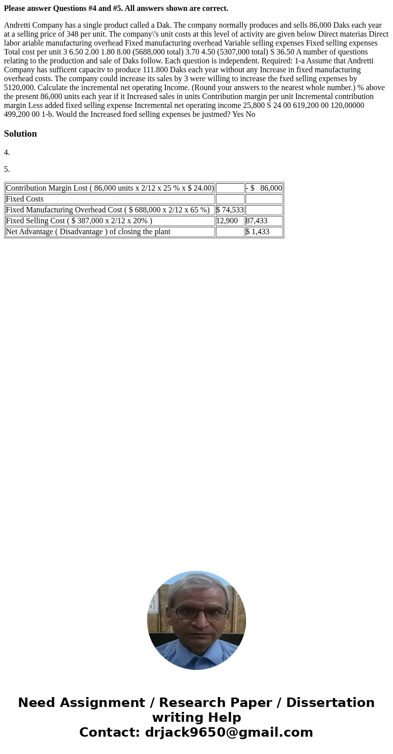 Please answer Questions #4 and #5. All answers shown are correct. Andretti Company has a single product called a Dak. The company normally produces and sells 86 Please answer Questions #4 and #5. All answers shown are correct. Andretti Company has a single product called a Dak. The company normally produces and sells 86