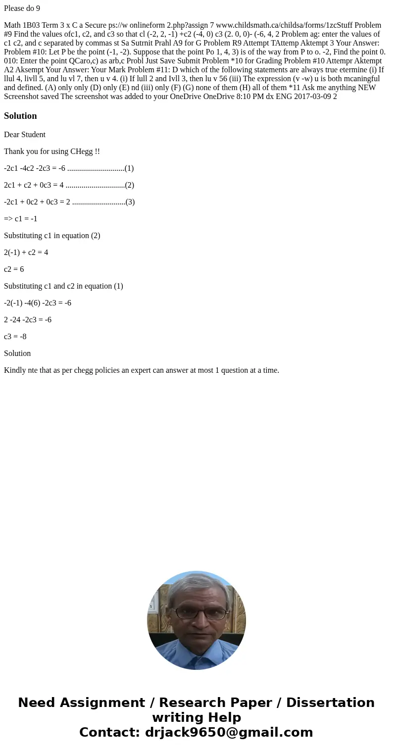 Please do 9 Math 1B03 Term 3 x C a Secure ps://w onlineform 2.php?assign 7 www.childsmath.ca/childsa/forms/1zcStuff Problem #9 Find the values ofc1, c2, and c3 