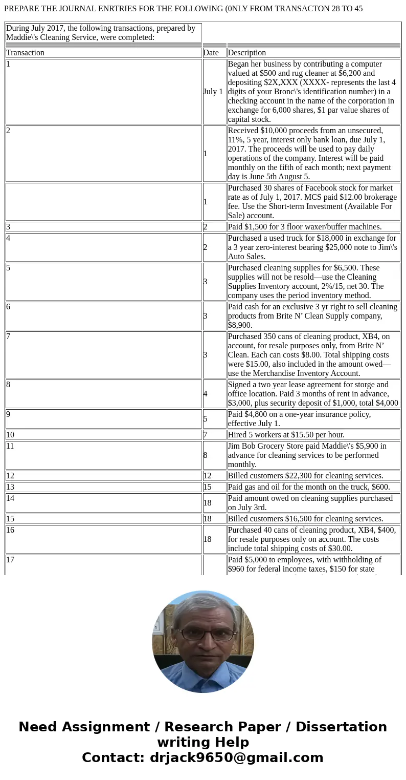 PREPARE THE JOURNAL ENRTRIES FOR THE FOLLOWING (0NLY FROM TRANSACTON 28 TO 45 During July 2017, the following transactions, prepared by Maddie\'s Cleaning Servi