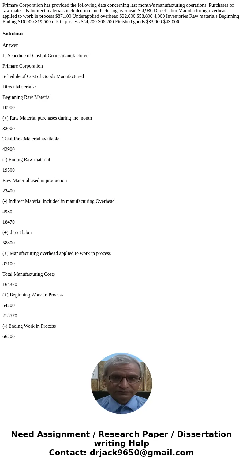  Primare Corporation has provided the following data concerning last month\'s manufacturing operations. Purchases of raw materials Indirect materials included i