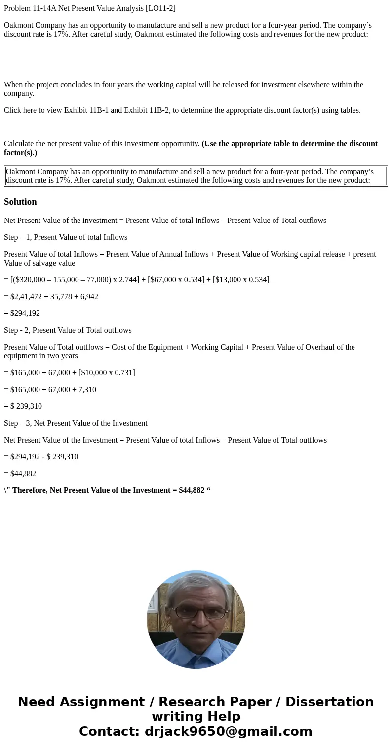 Problem 11-14A Net Present Value Analysis [LO11-2] Oakmont Company has an opportunity to manufacture and sell a new product for a four-year period. The company’