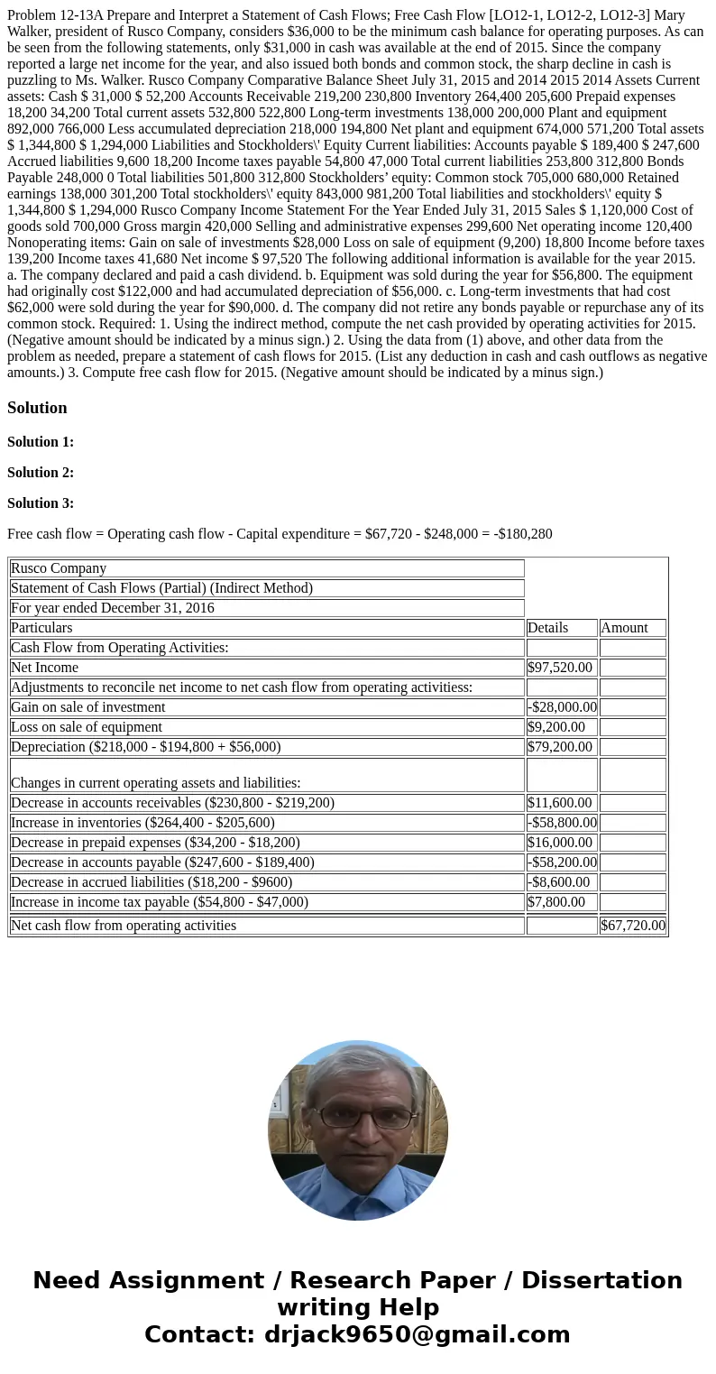 Problem 12-13A Prepare and Interpret a Statement of Cash Flows; Free Cash Flow [LO12-1, LO12-2, LO12-3] Mary Walker, president of Rusco Company, considers $36,0