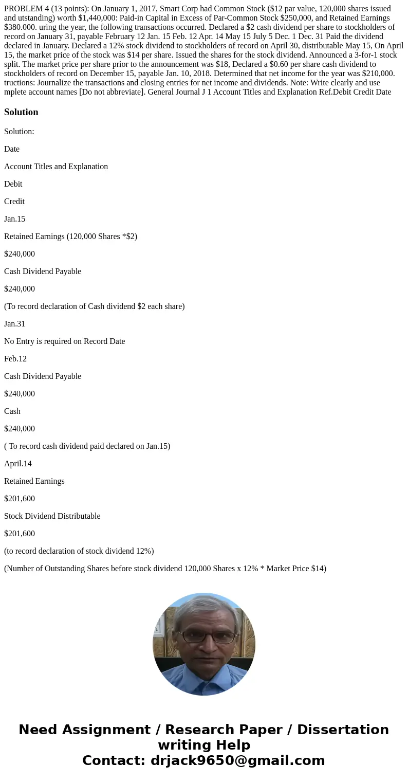  PROBLEM 4 (13 points): On January 1, 2017, Smart Corp had Common Stock ($12 par value, 120,000 shares issued and utstanding) worth $1,440,000: Paid-in Capital 