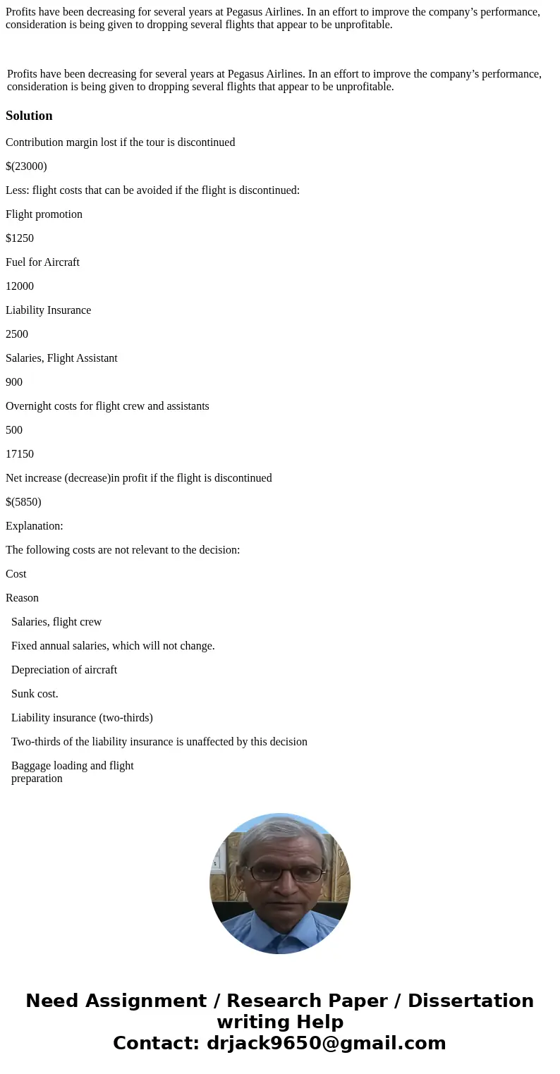  Profits have been decreasing for several years at Pegasus Airlines. In an effort to improve the company’s performance, consideration is being given to dropping