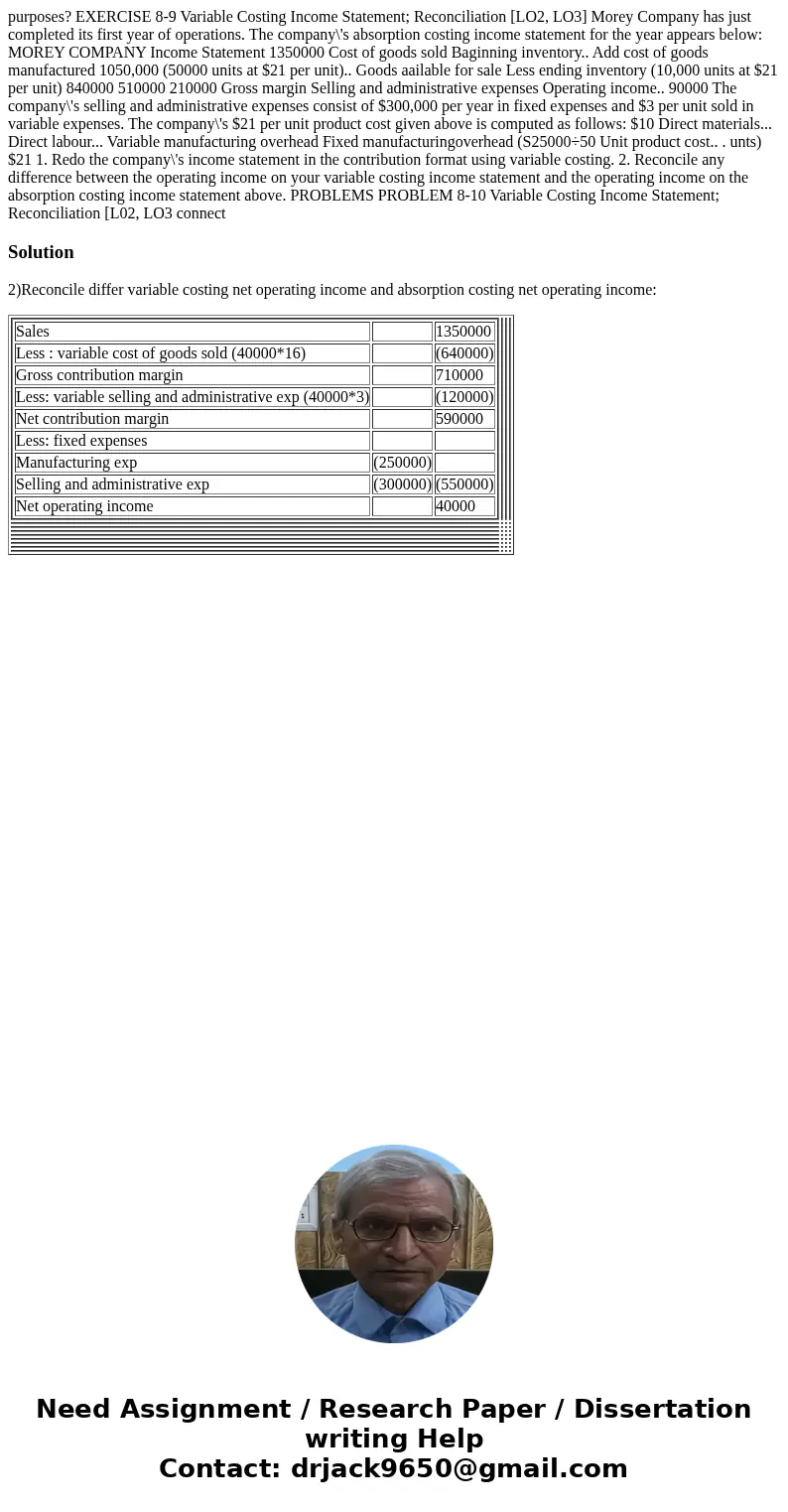  purposes? EXERCISE 8-9 Variable Costing Income Statement; Reconciliation [LO2, LO3] Morey Company has just completed its first year of operations. The company\
