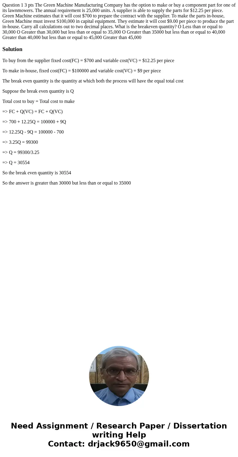  Question 1 3 pts The Green Machine Manufacturing Company has the option to make or buy a component part for one of its lawnmowers. The annual requirement is 25