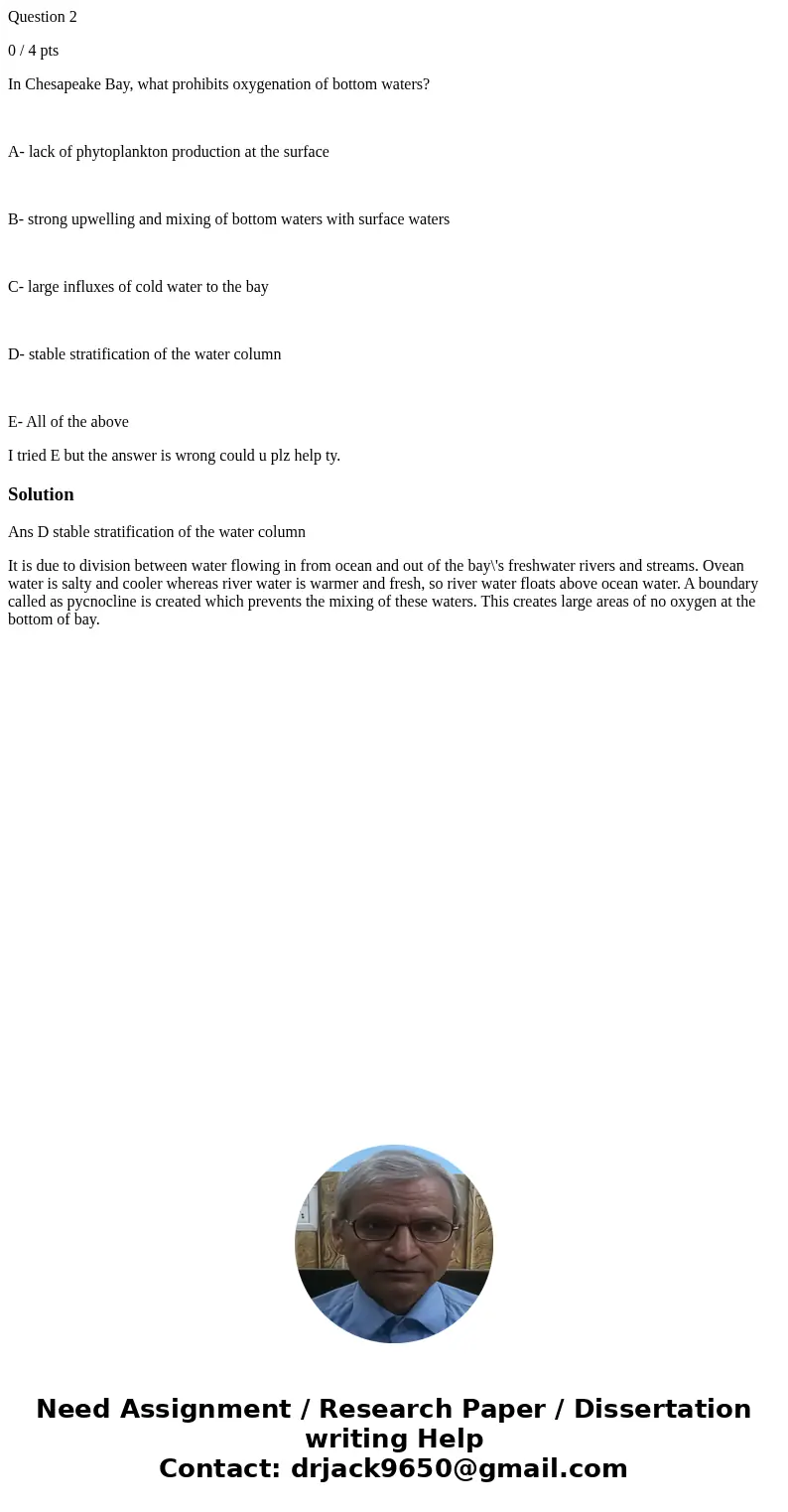 Question 2 0 / 4 pts In Chesapeake Bay, what prohibits oxygenation of bottom waters? A- lack of phytoplankton production at the surface B- strong upwelling and 