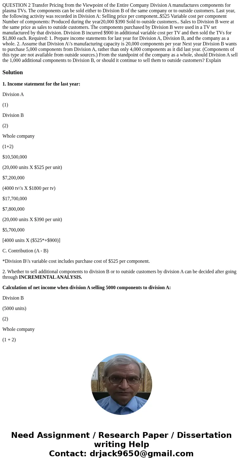  QUESTION 2 Transfer Pricing from the Viewpoint of the Entire Company Division A manufactures components for plasma TVs. The components can be sold either to Di