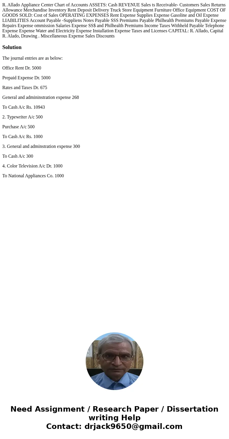  R. Allado Appliance Center Chart of Accounts ASSETS: Cash REVENUE Sales ts Receivable- Customers Sales Returns Allowance Merchandise Inventory Rent Deposit Del